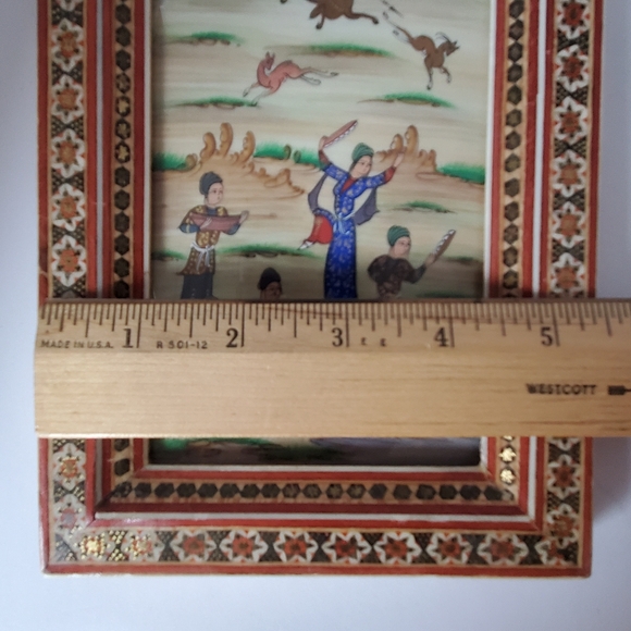 Vintage Iranian Persian Painting Hunting Scene Musicians Khatam Marquetry Frame - Picture 13 of 13